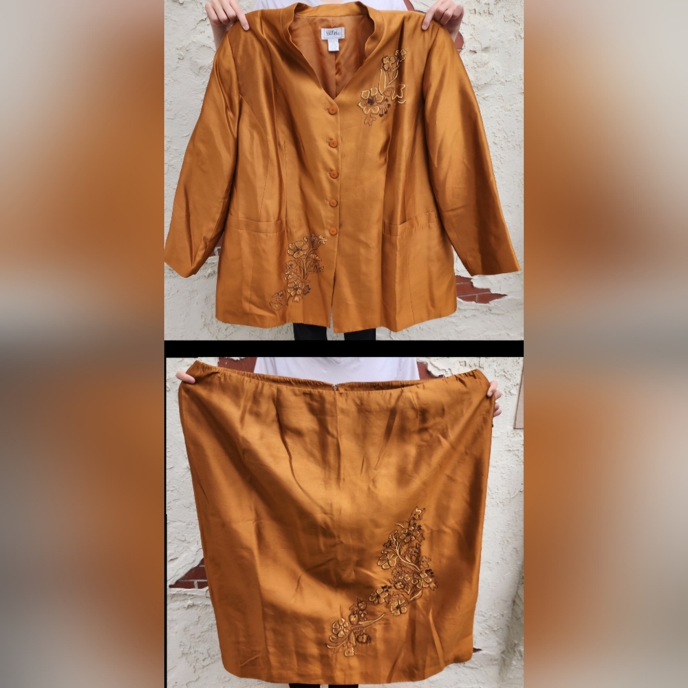 30W women BOB MACKIE embroidered silk skirt blazer jacket suit set floral TALL